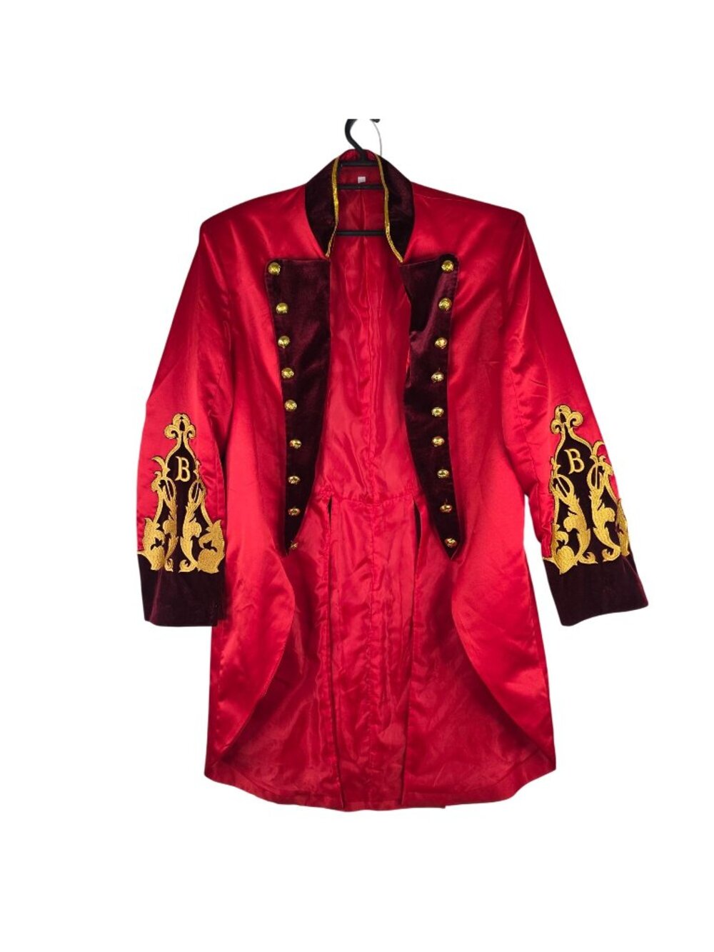 Mens Red & Gold Monogram Embroidered Velvet Ringmaster Tailcoat Gold Buttons XL